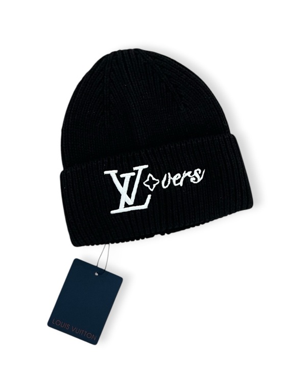 Louis Vuitton Accessories - Louis Vuitton Black Knit 'LV Lovers' Logo Beanie